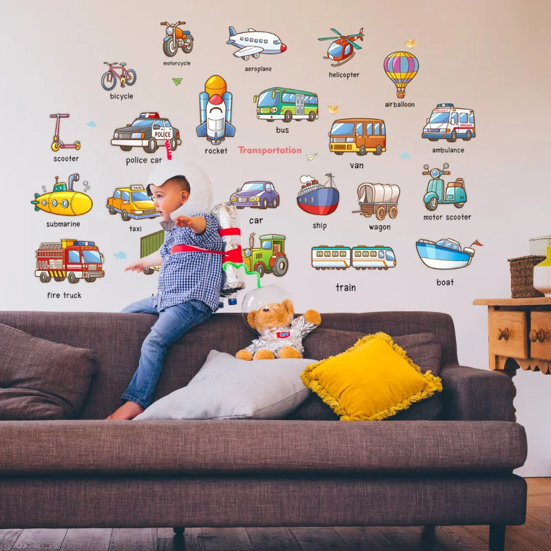Kids Cartoon Mixed  Learning English Name Way of Transport Cars/Plane/Ship/Truck/Bus Children Kids Room Decoration Sticker