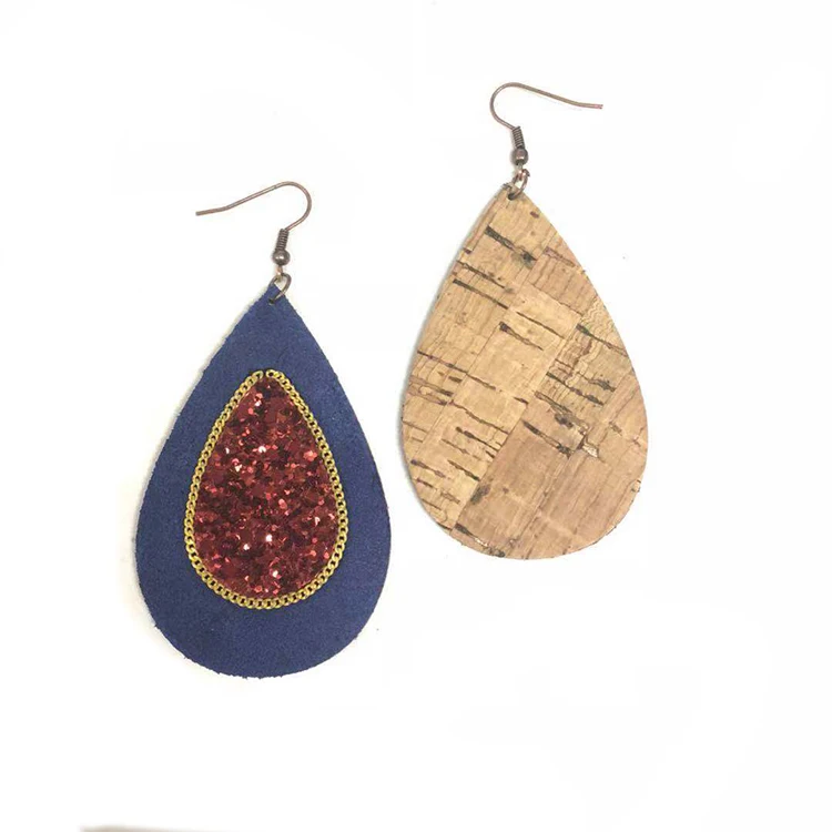Colorful Long Fashion Cork Dangle Leather Glitter Chain Teardrop Leather Earrings