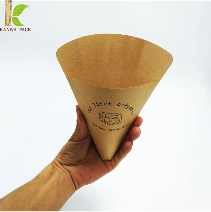 Custom printing food grade cone shape crepe food cone custom brown  kraft paper crepe cone holder