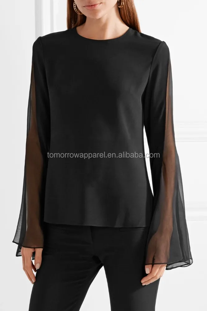 
Black Silk Organza Trimmed Crepe Top OEM/ODM Manufacture Wholesale Fashion Women Apparel (TA7028T) 