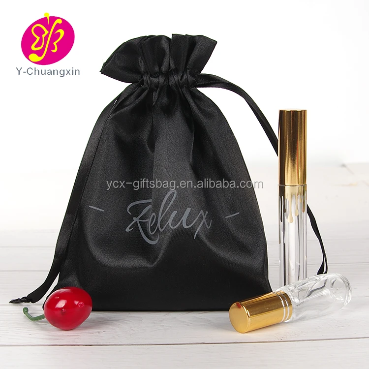 Custom printed black large satin drawstring pouch perfume bottle packaging bag
