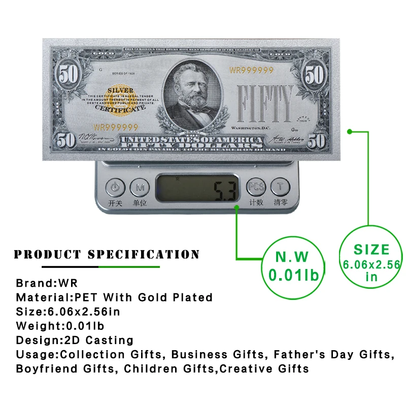 Amazon Hot Sale US Dollar Banknote 1928 Money 50 Dollar Gold Foil US Dollar Banknote For Collection