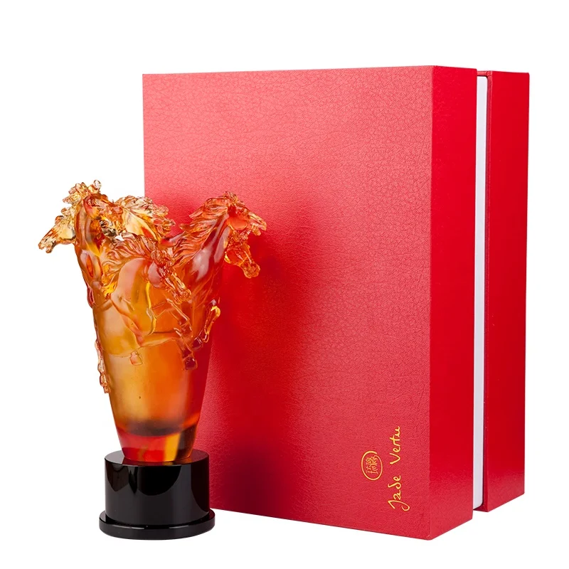 Premium gift horse art glass trophy pate de verre crystal trophy cup