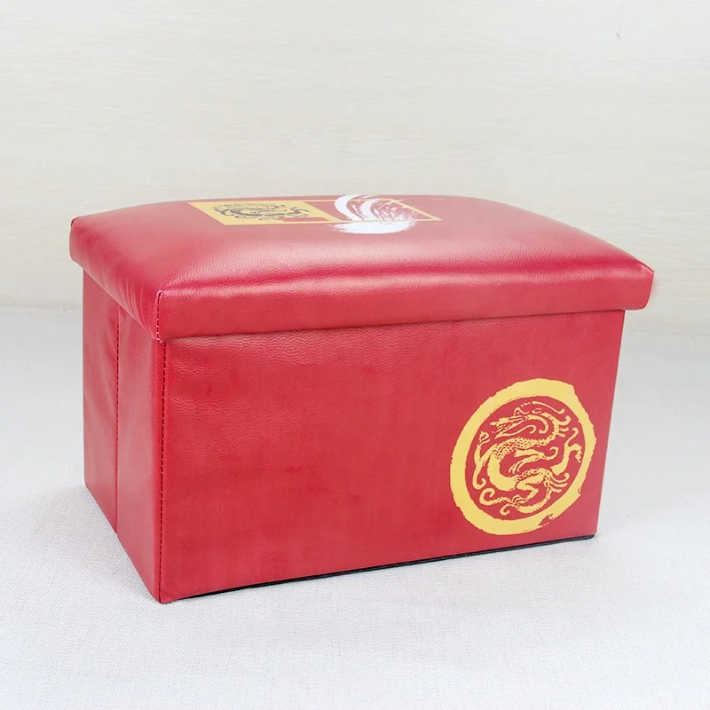 Large Capacity Chinese Style Red Collapsible Leather Pouf And Ottoman