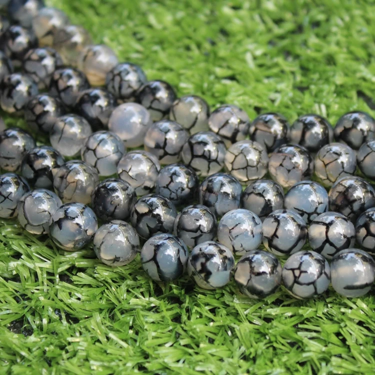 8mm round black and white dragon stripe matrix agate loose stone beads