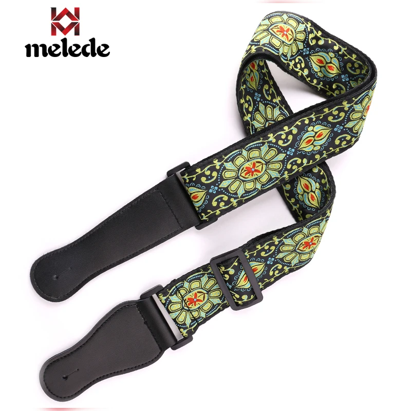 New products vintage jacquard woven 2 inch wide lotus acoustic guitar strap with real leather ends,green&black available