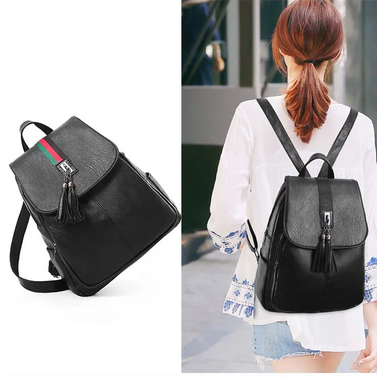 2018 Fashion Woman Bag Backpack Chinese Women Stylish Black PU Leather Backpacks