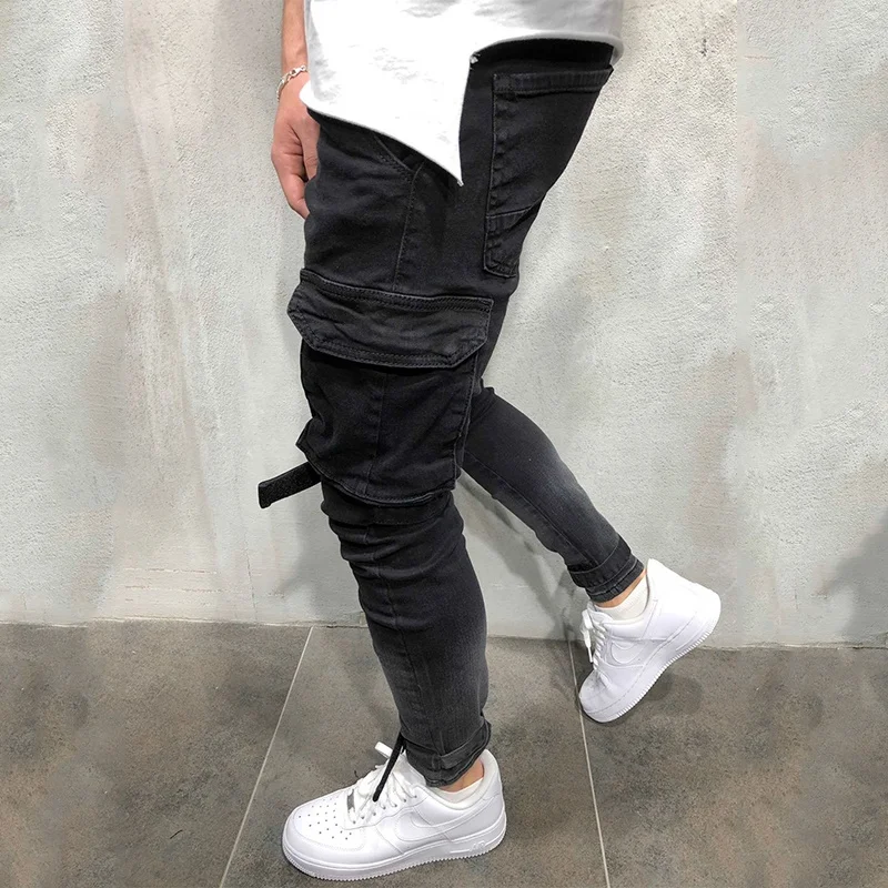 
Wholesale Price Mens Slim Fit Black Cargo Jeans Homme 