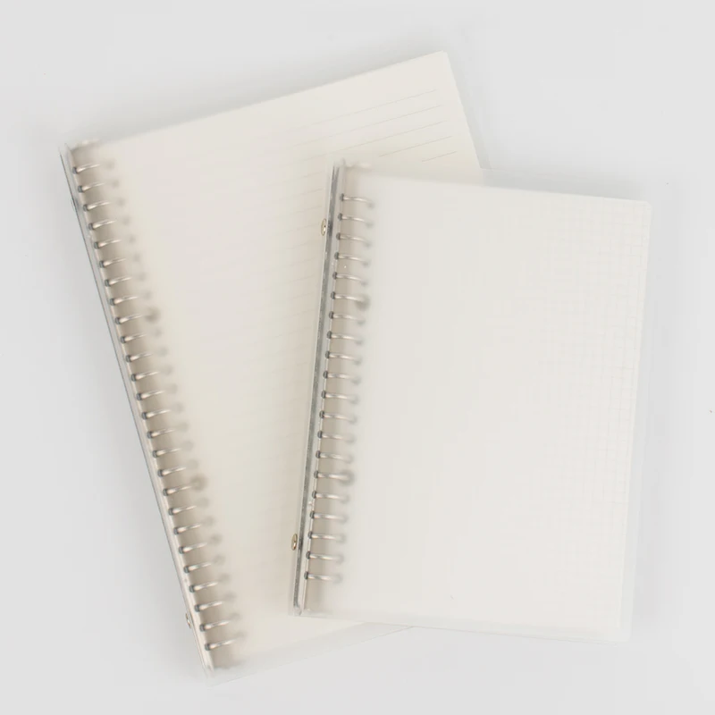 
transparent hardcover A5 size plain ruled squared spiral notebook binder clip filler papers 