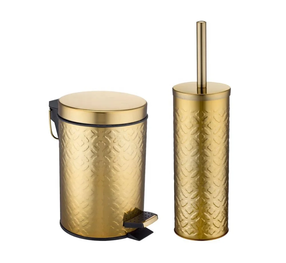 Golden 2pcs bathroom accessories stainless steel bathroom sets metal pedal waste bin with toilet brush holder sets