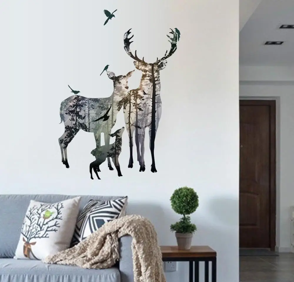 Forest Silhouette Deer Wall Decal Animal Birds Elk Vinyl Stickers for Bedroom Kids DecorHome Art Mural TV Background Decorations