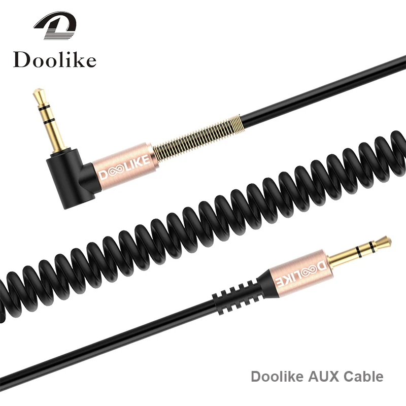 Doolike audio cable cord flat 90 Degree Right Angle Steel Spring 3.5mm aux cable for Headphone mobile phone
