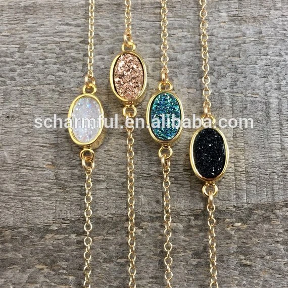 NS20181154 Boho Drusy Druzy Titanium OVAL Connector Necklace