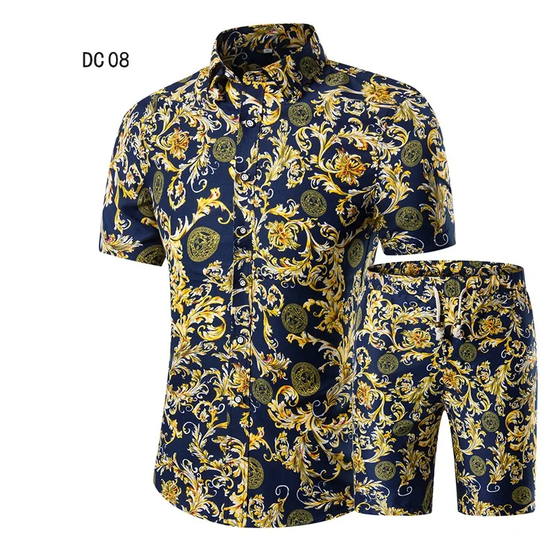 Mens short Sleeve shirt Summer Style Short Suit print plus size Set with stock price