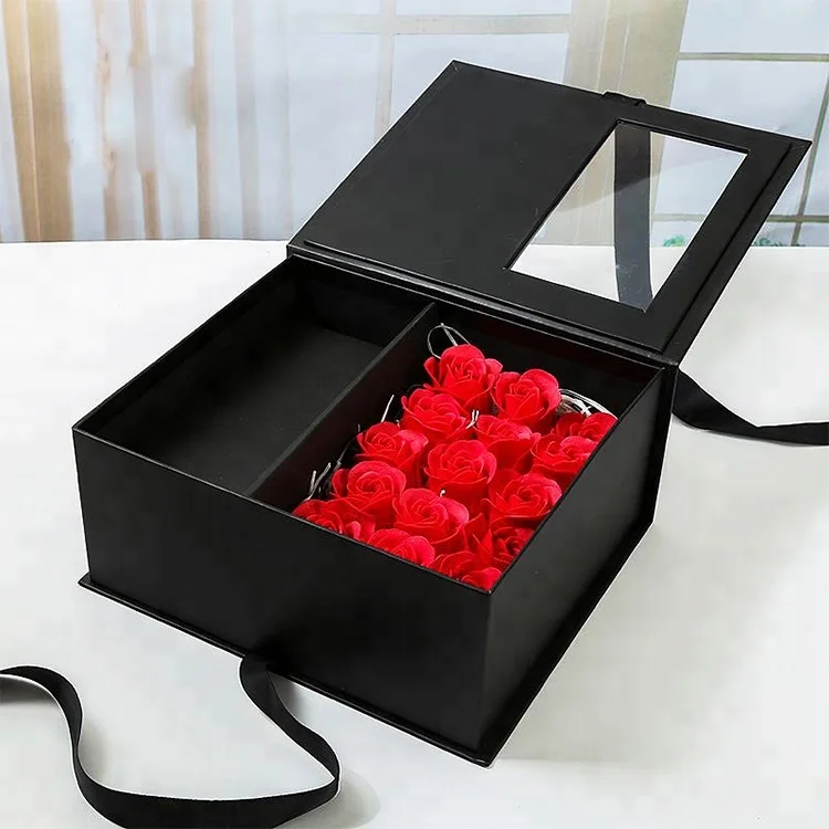 
FSC Factory Luxury Clamshell PVC Window Flower Packaging Center Parting Gift Box with Ribbon 