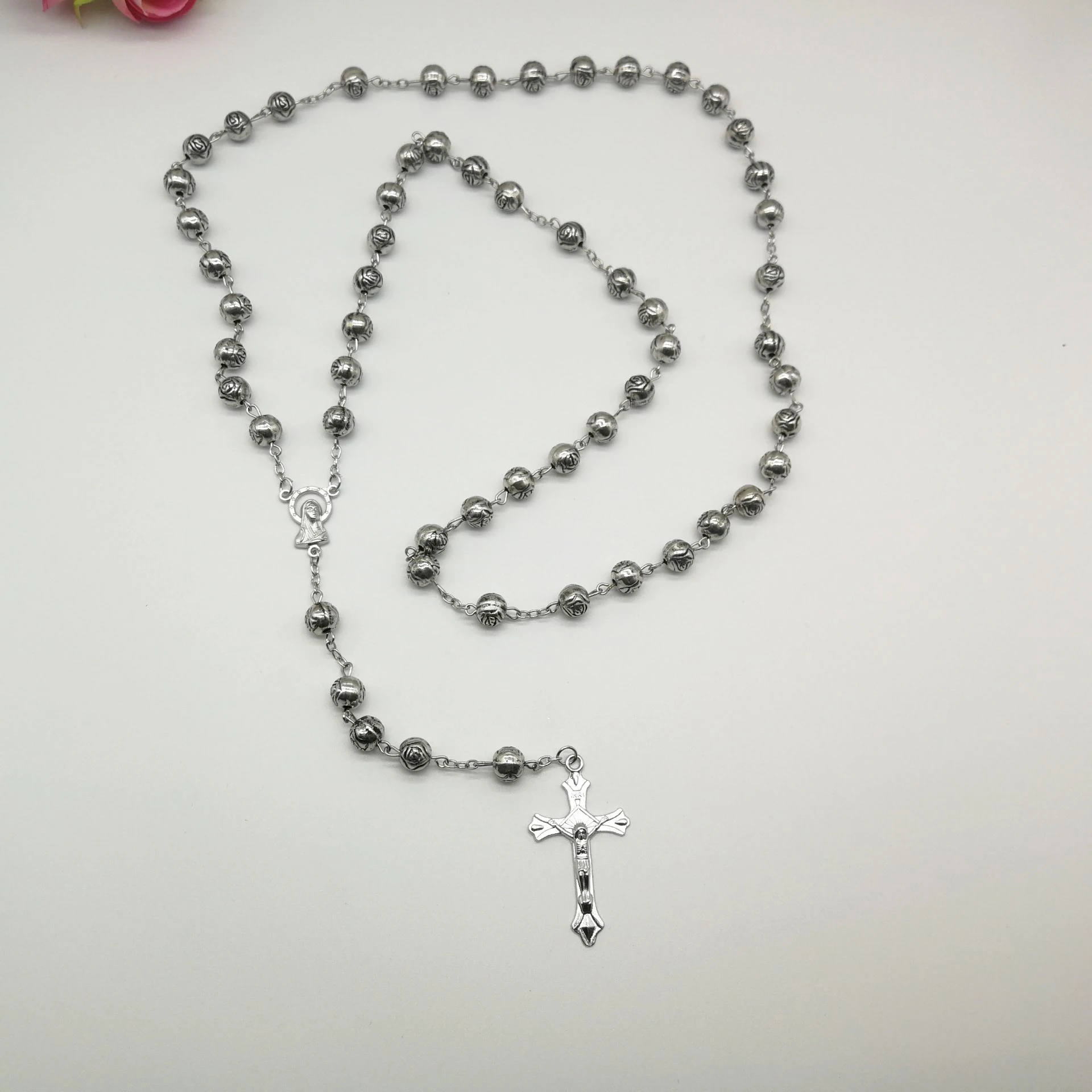 Wholesale Catholic cross pendant Silver color rose bead chain Rosary necklace