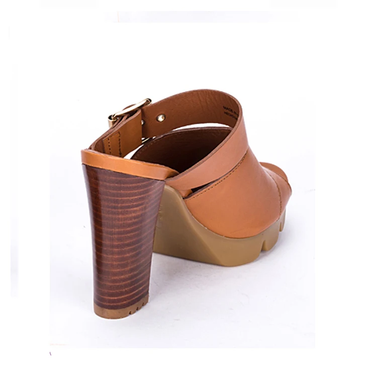 Camel genuine leather upper metal square buckle 6cm wide high heels for women shoes fashion ladies slippers sandals