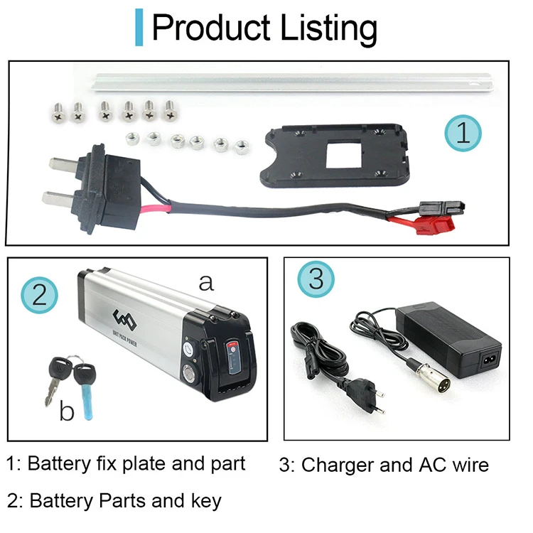 Unitpackpower 24v 36v 48v 10ah 15ah 17.5ah 20ah silver fish ebike lithium ion batteries Electric Bicycle Battery