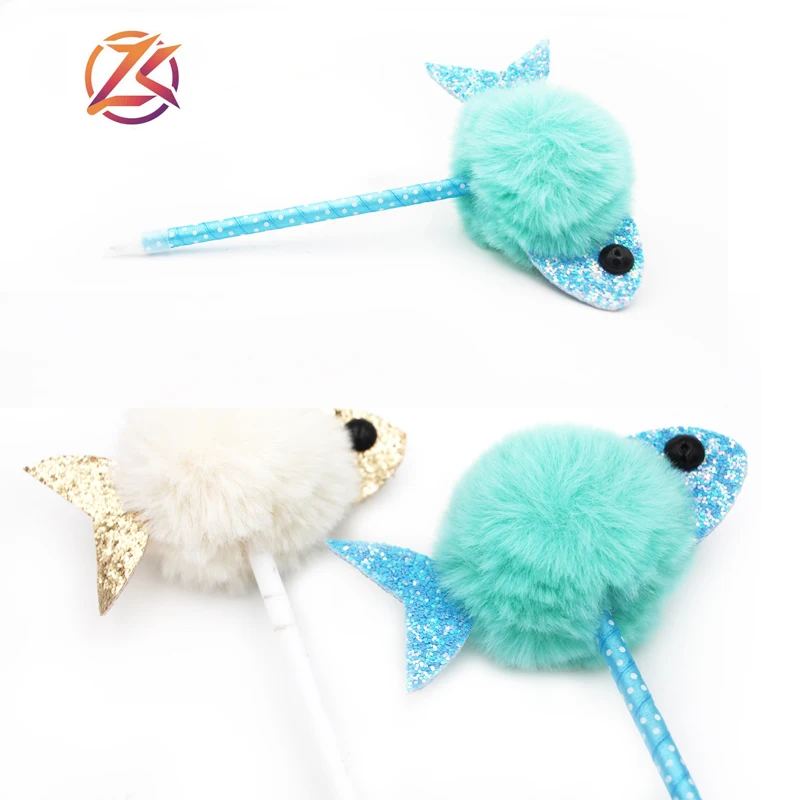 
2018 high quality lovely animal fish shape fuzzy pom pom pen kids ball pens 