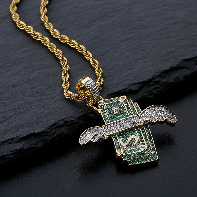 Hip Hop 14k Gold Plated Iced Out CZ Diamond Flying Wings Charm Dollar Pendant Necklace