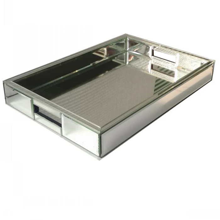 Silver Mirror Tray Bling Decorative Mirror Organizer Arc-Shaped Mosaic Mirror Handle Vanity Tray Coffee Table Serving