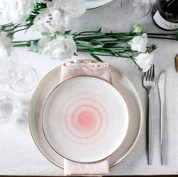 Speckle dinnerware blue spiral gold rim ceramic charger plates for banquet