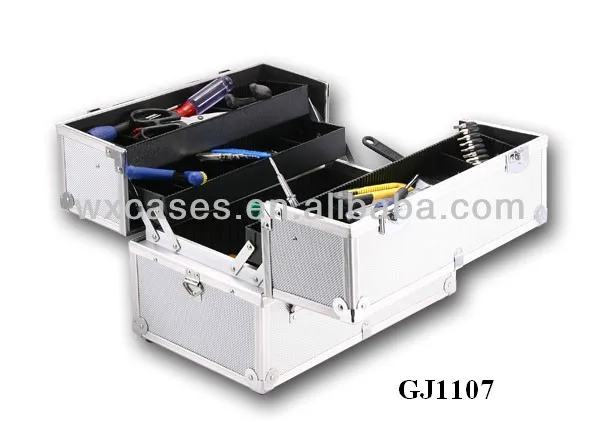 strong aluminum tool box with 4 plastic trays and adjustable compartments on the case bottom From Nanhai,Foshan,Guangdong,China
