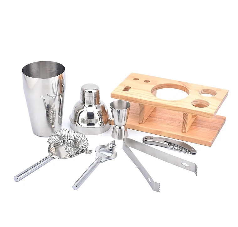 Wood holder 7 pcs hippocampal knife stainless steel cocktail shaker set luxury bartender set