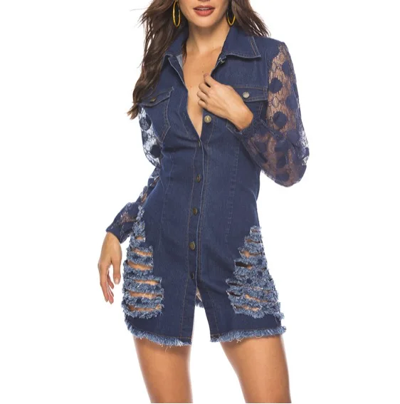 Dress for women Button Down Denim Sexy Dress Ladies Lace dress jeans women