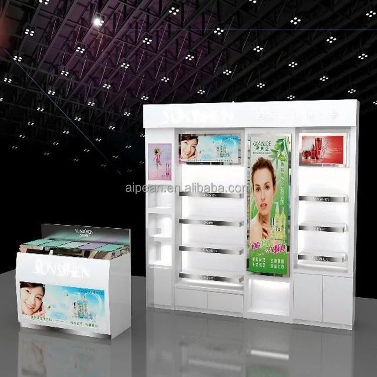 
anti-fire wood/acrylic/paper pop shelf display with metal peg board for cosmetic design 
