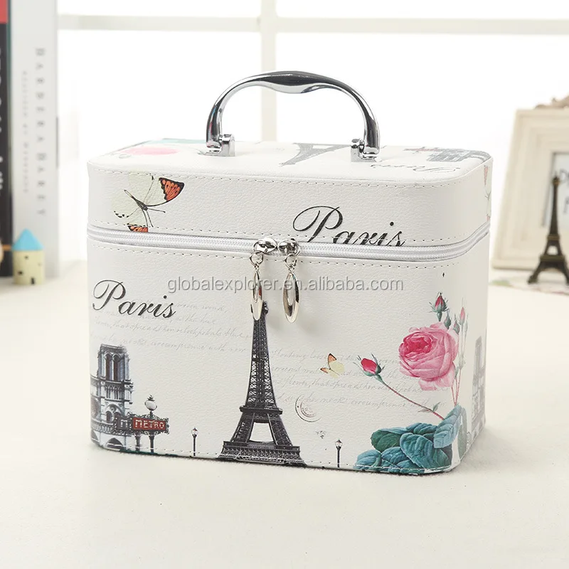 Vintage printed big zipper standing Gift Brush packaging Skin care cosmetic bag makeup vanity organizer Storage box with mirror