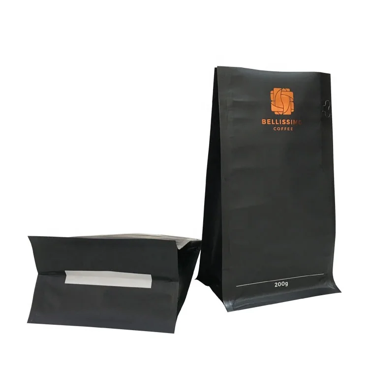 Hot stamping 250g 1kg flat bottom compostable plastic food plastic bag valve waterproof coffee packaging bag