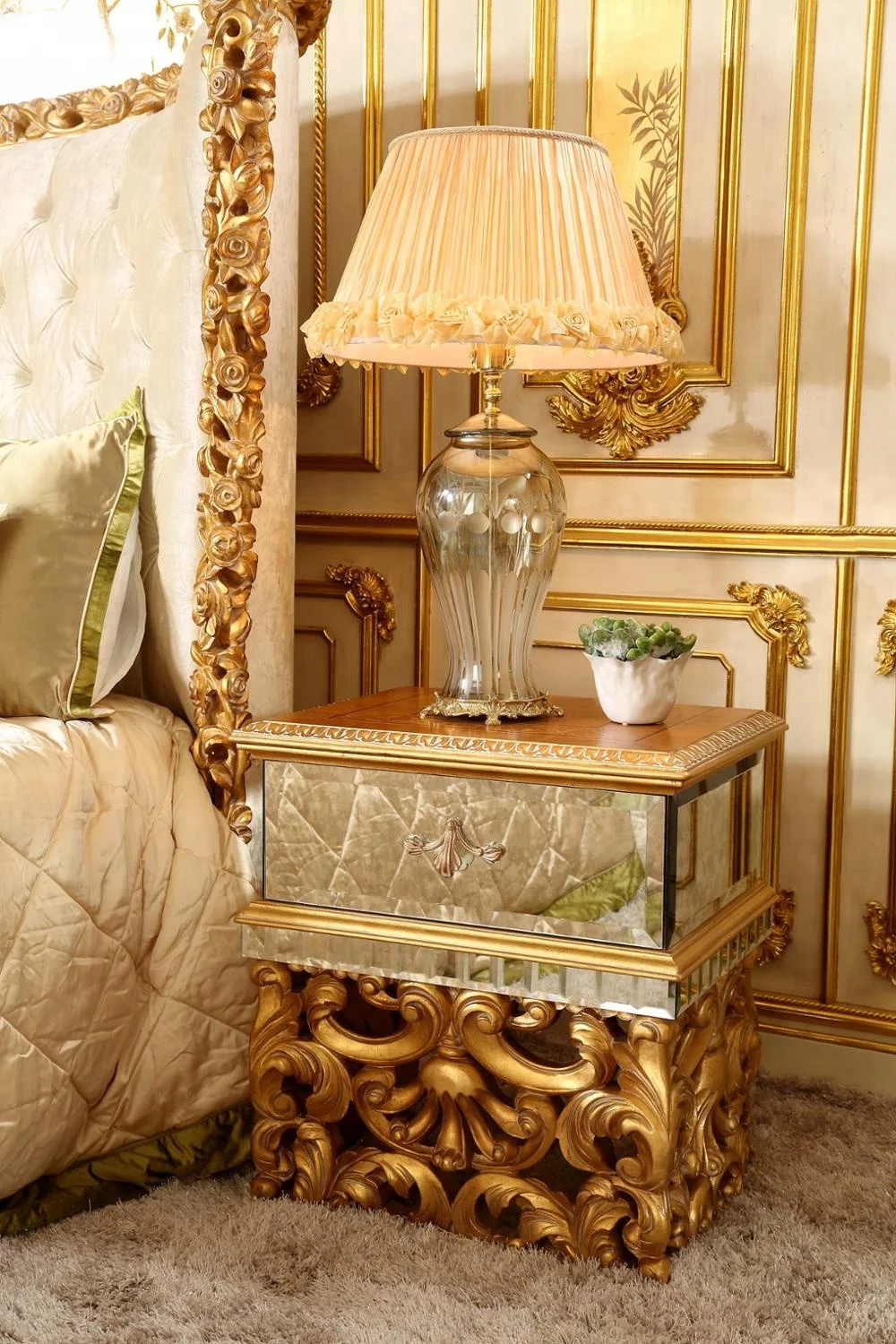 BISINI Luxury Style mirror faced hand carved gold foil wooden bedside table of wedding bedroom furniture - BF07-10058