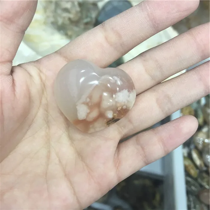 
Wholesale Natural Carved Sakura Agate Hearts Quartz Stone Heart For Pendant 