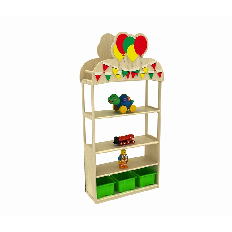Eeo-friendly Children Wooden Cartoon Design Cabinet Kids Toy Storage Shelf With Plastic Collection