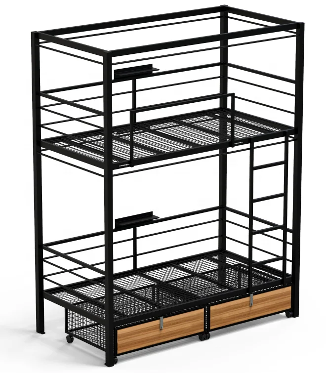 New Design Black Double Layer Stacked Bed for Adult Kid Metal Detachable Bunk Bed with curtain and drawers