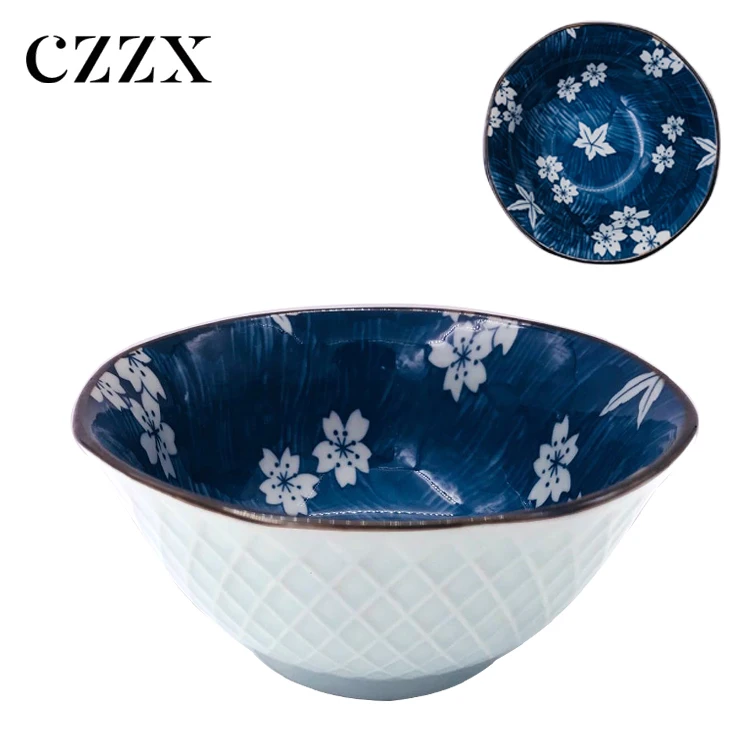 Китайская фабрика, оптовая продажа, 5 дюймов, внутренняя синяя восьмиугольная керамическая японская миска с тиснением под глазурью для лапши, супа, риса