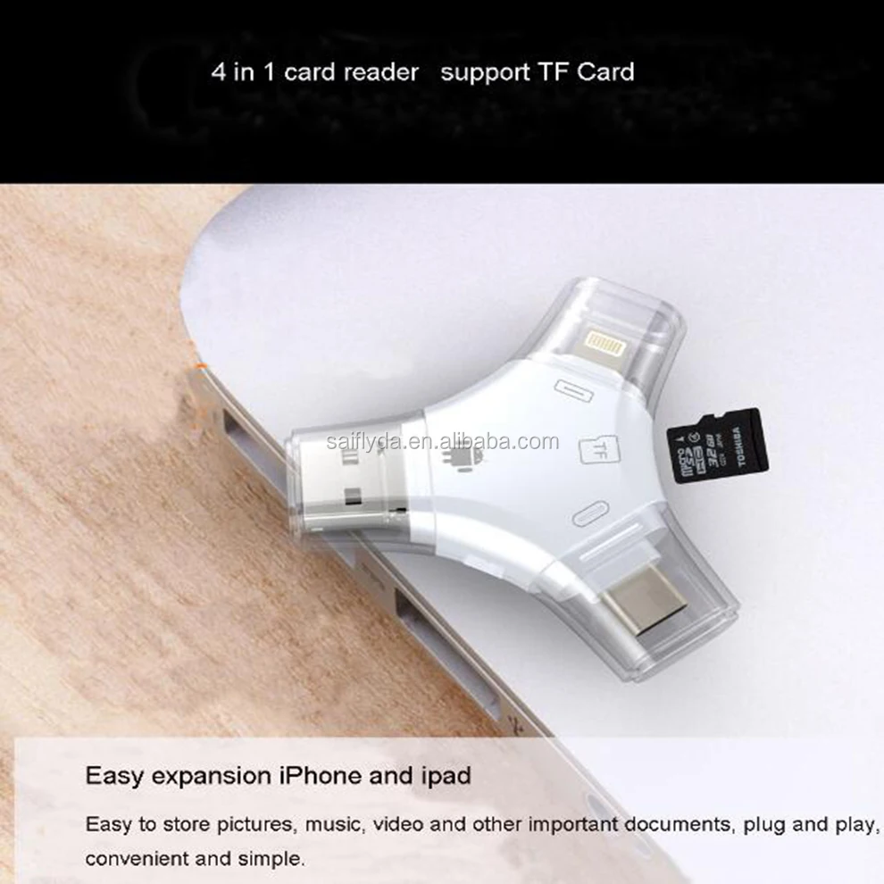 
4 in 1 Micro USB Type rfid smart card reader for mobile type c for iPhone 6 7 for Samsung s7 s6 and laptop memory card adapter 