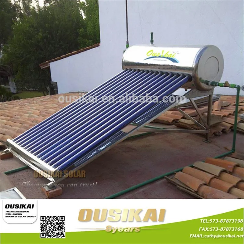 Evacuated tube low pressure solar water heater for slope or flat roof