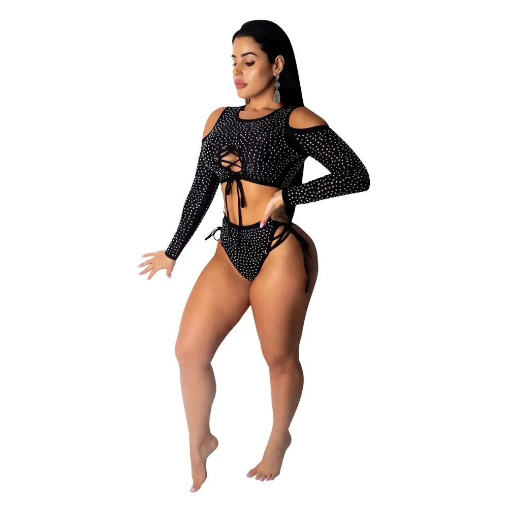 Hollow Out Crystal String Bikini Long Sleeve Bathing Suit
