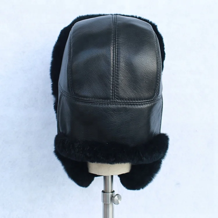 Russian style warming winter rex rabbit fur with real sheepskin  hat ear cuff earflap hat