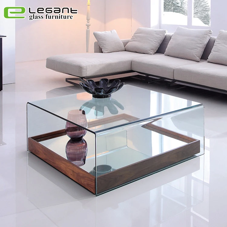Simple Square Curved Glass Center Table with Mirror