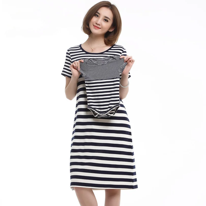 buy one get one free Stripeed Short Sleeve Pregnant dress Breastfeeding baby nursing Dress Hide opening
