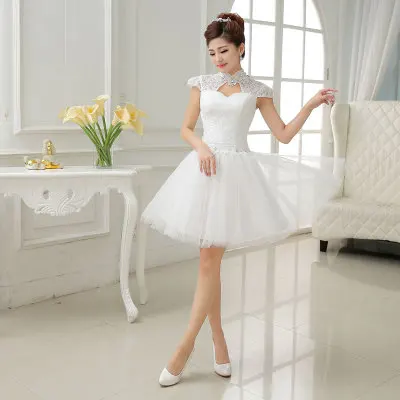 
Q051 New Style 2019 Short Homecoming Dresses Lace White Prom Evening Dress High Neck Cap Sleeves Mini Bridesmaid Wedding Dress 