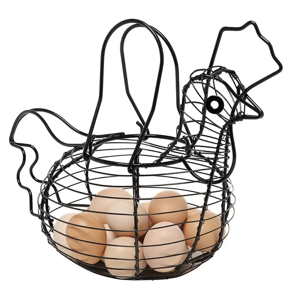 Ware Manufacturing Black Metal Mesh Wire Chicken Shaped Egg Collecting Basket Holder Silver Tone Egg Storage Basket