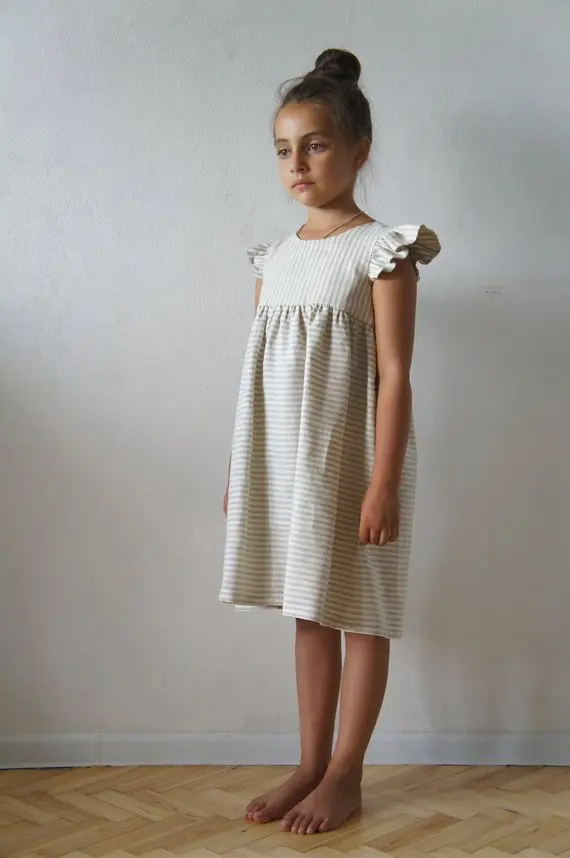 
Girl Summer Flutter Sleeve Dress Linen Tunic Dress White Grey Striped Baby Girls Party Wear Ruffle Princess Dress 