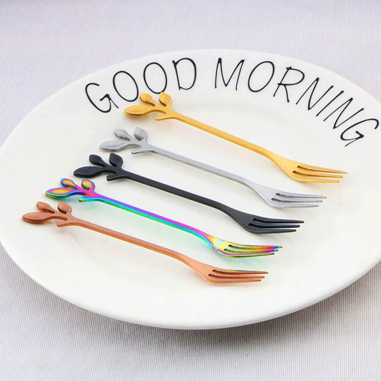 Вилка и ложка для торта с листьями, набор красочных маленьких вилок и ложек для торта из нержавеющей стали