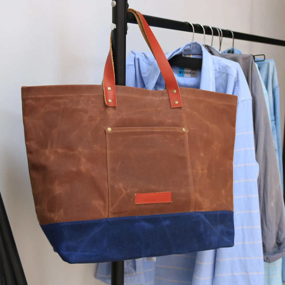 CHANGRONG Custom vintage brown waxed leather canvas large tote bag for travel