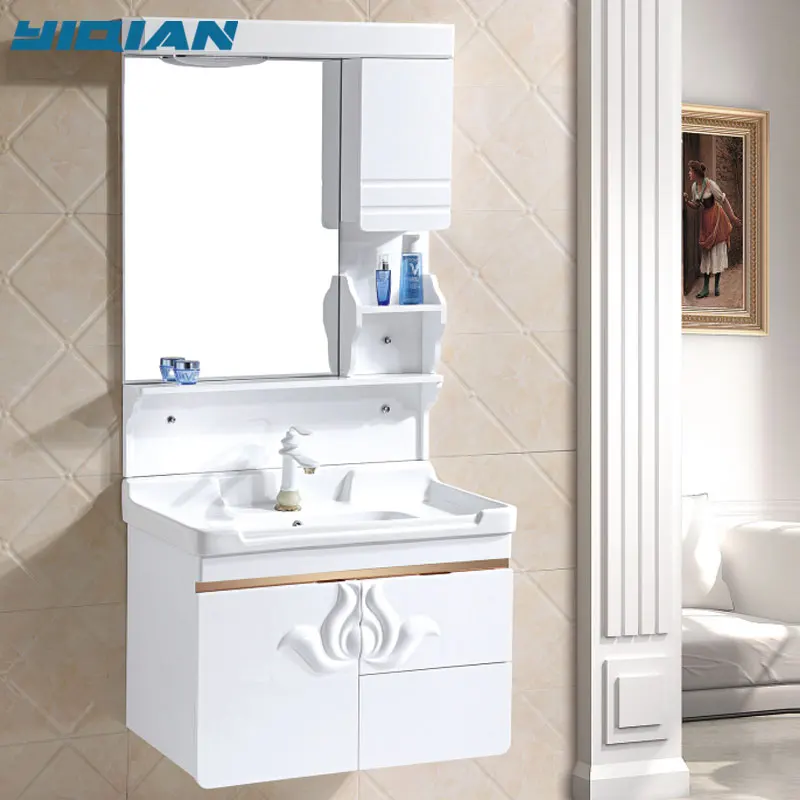 Modern Simple Wall Mounted White and Golden PVC Bathroom Wash Basin Vanity or Cabinet Furniture