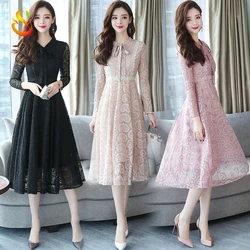 Lace hook flower openwork dress lady small fragrance in the long section autumn and winter long sleeves slim temperament skirt